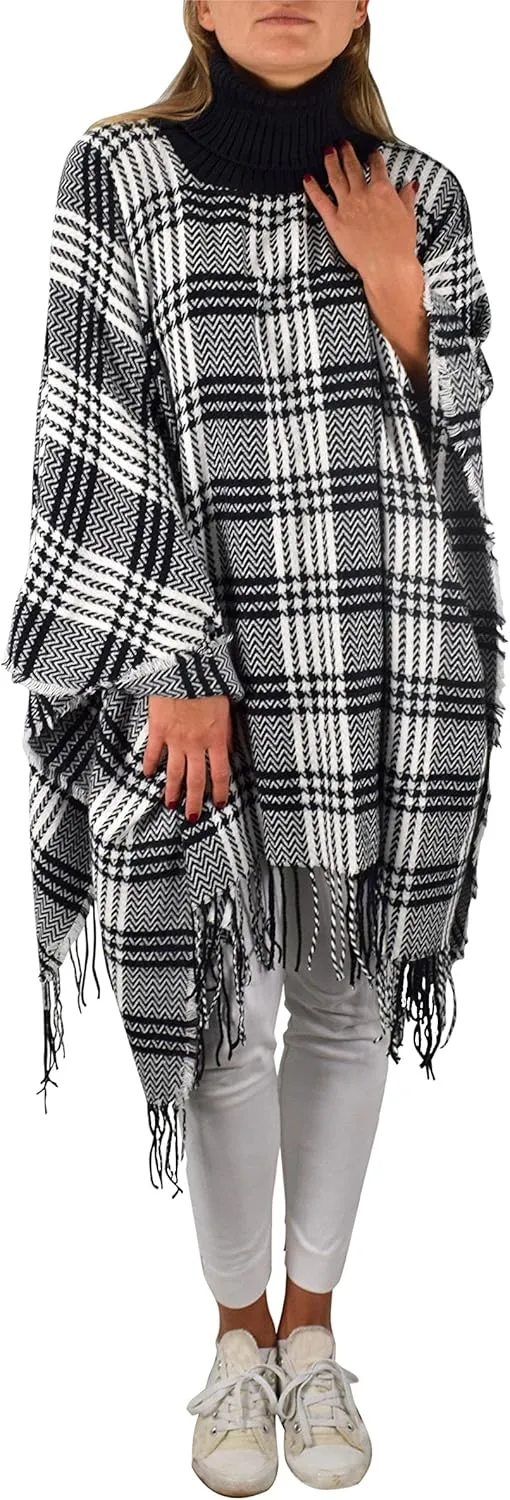 Turtle Neck Checkered Winter Poncho Sweater Pullovers with Fringes