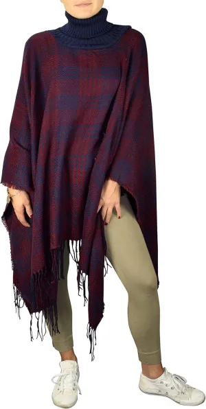 Turtle Neck Checkered Winter Poncho Sweater Pullovers with Fringes