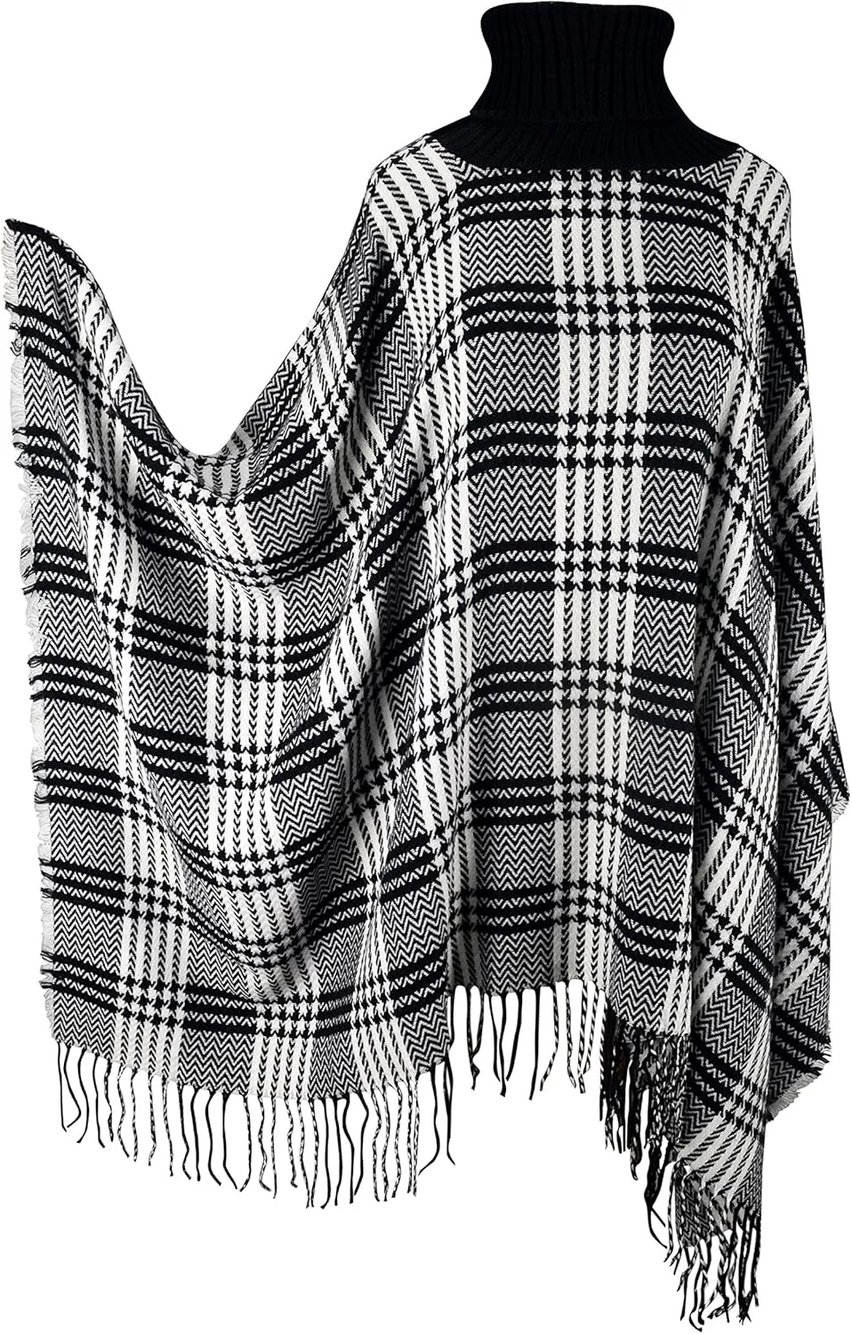 Turtle Neck Checkered Winter Poncho Sweater Pullovers with Fringes