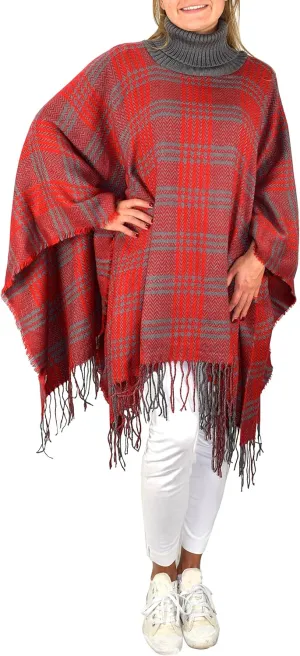Turtle Neck Checkered Winter Poncho Sweater Pullovers with Fringes