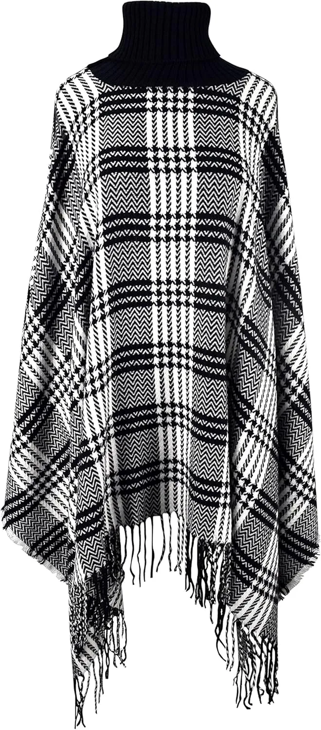 Turtle Neck Checkered Winter Poncho Sweater Pullovers with Fringes
