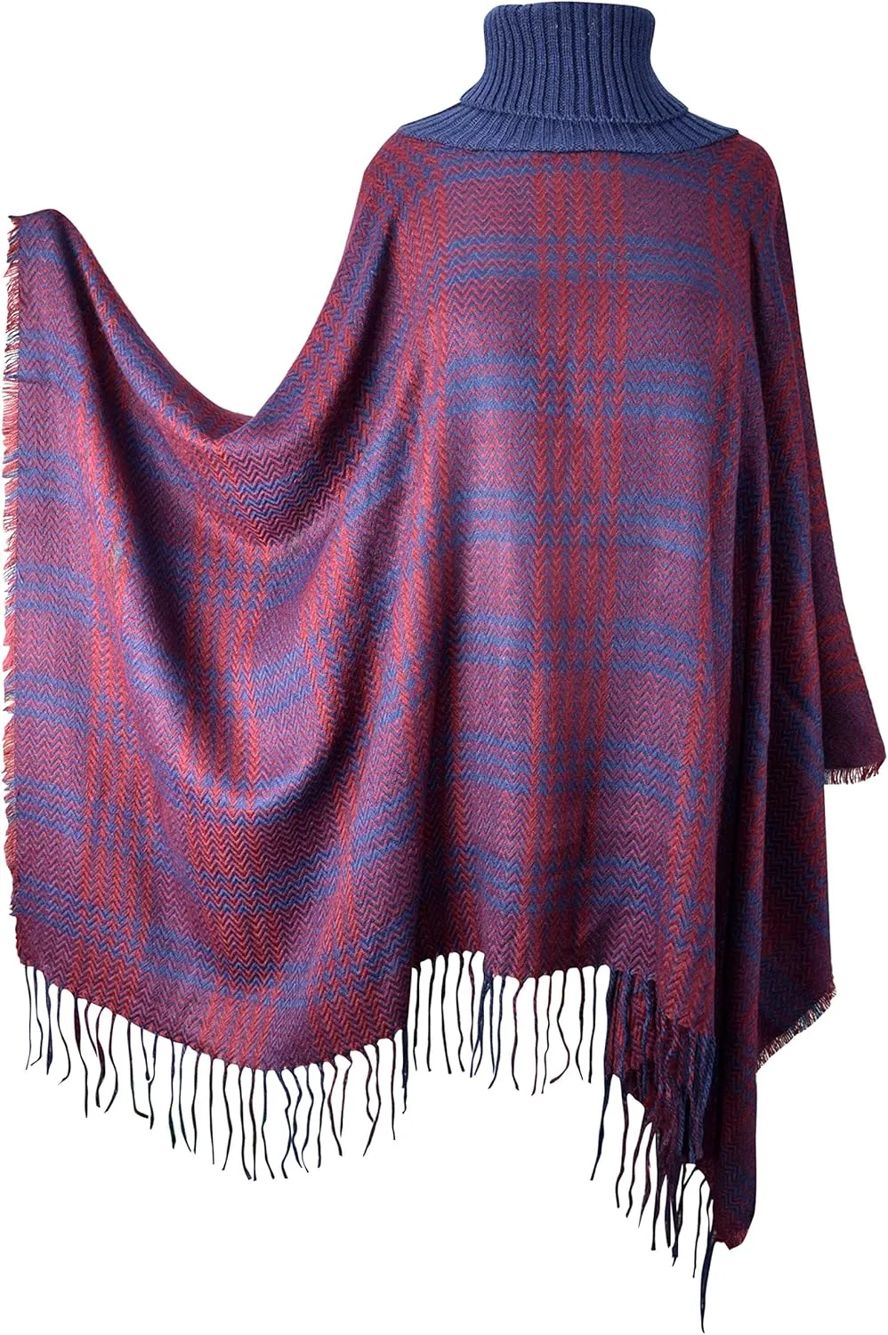 Turtle Neck Checkered Winter Poncho Sweater Pullovers with Fringes