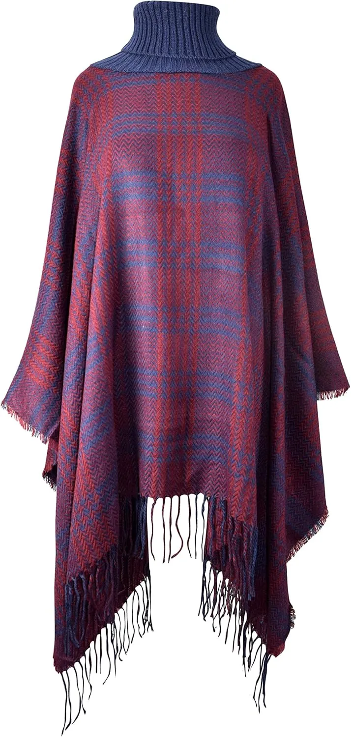 Turtle Neck Checkered Winter Poncho Sweater Pullovers with Fringes