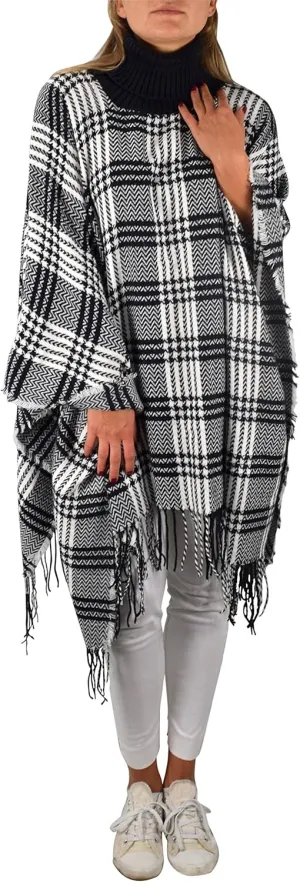 Turtle Neck Checkered Winter Poncho Sweater Pullovers with Fringes