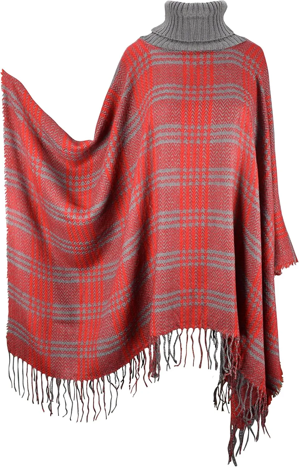 Turtle Neck Checkered Winter Poncho Sweater Pullovers with Fringes