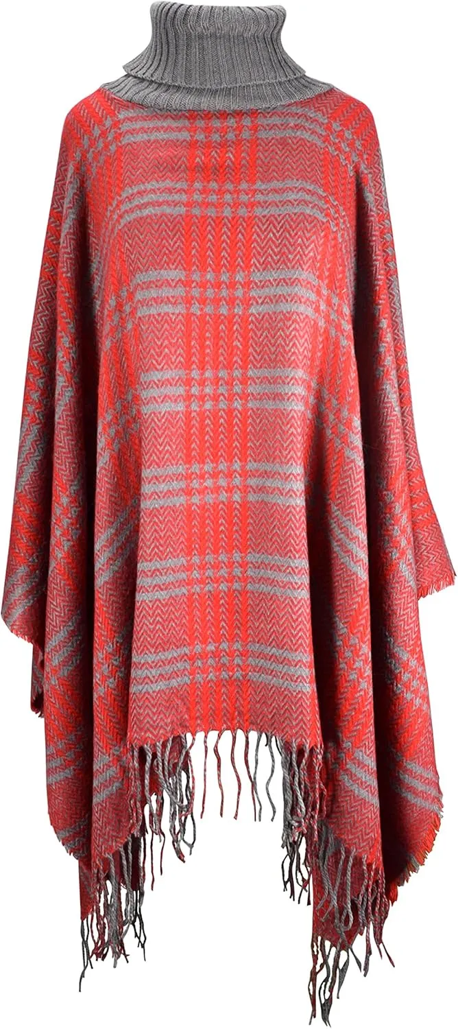 Turtle Neck Checkered Winter Poncho Sweater Pullovers with Fringes