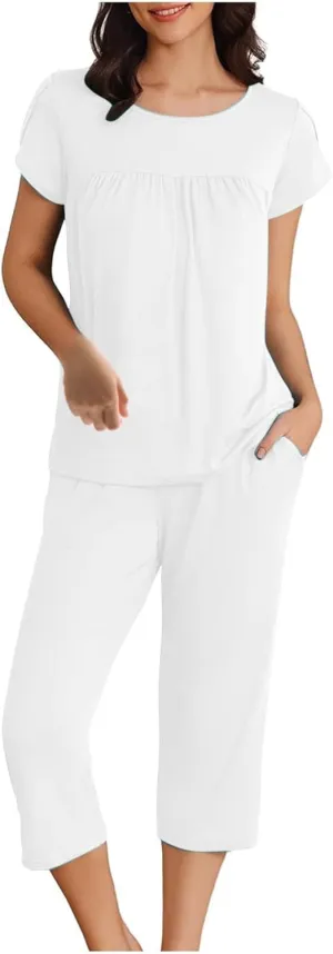 Two Piece Pajamas Set for Women Solid Round Neck Short Casual Sleeve Slim Shirts and Capri Lounge Pant Sleepwear Set