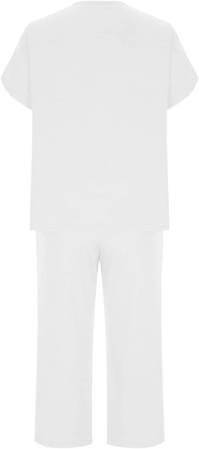 Two Piece Pajamas Set for Women Solid Round Neck Short Casual Sleeve Slim Shirts and Capri Lounge Pant Sleepwear Set