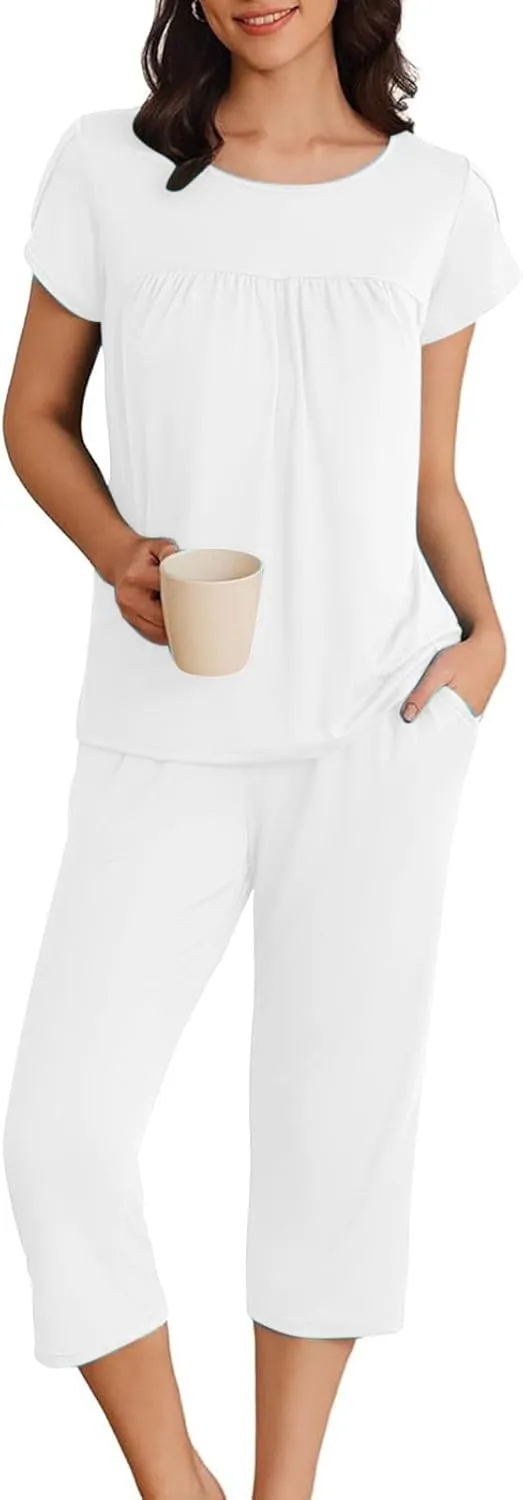 Two Piece Pajamas Set for Women Solid Round Neck Short Casual Sleeve Slim Shirts and Capri Lounge Pant Sleepwear Set