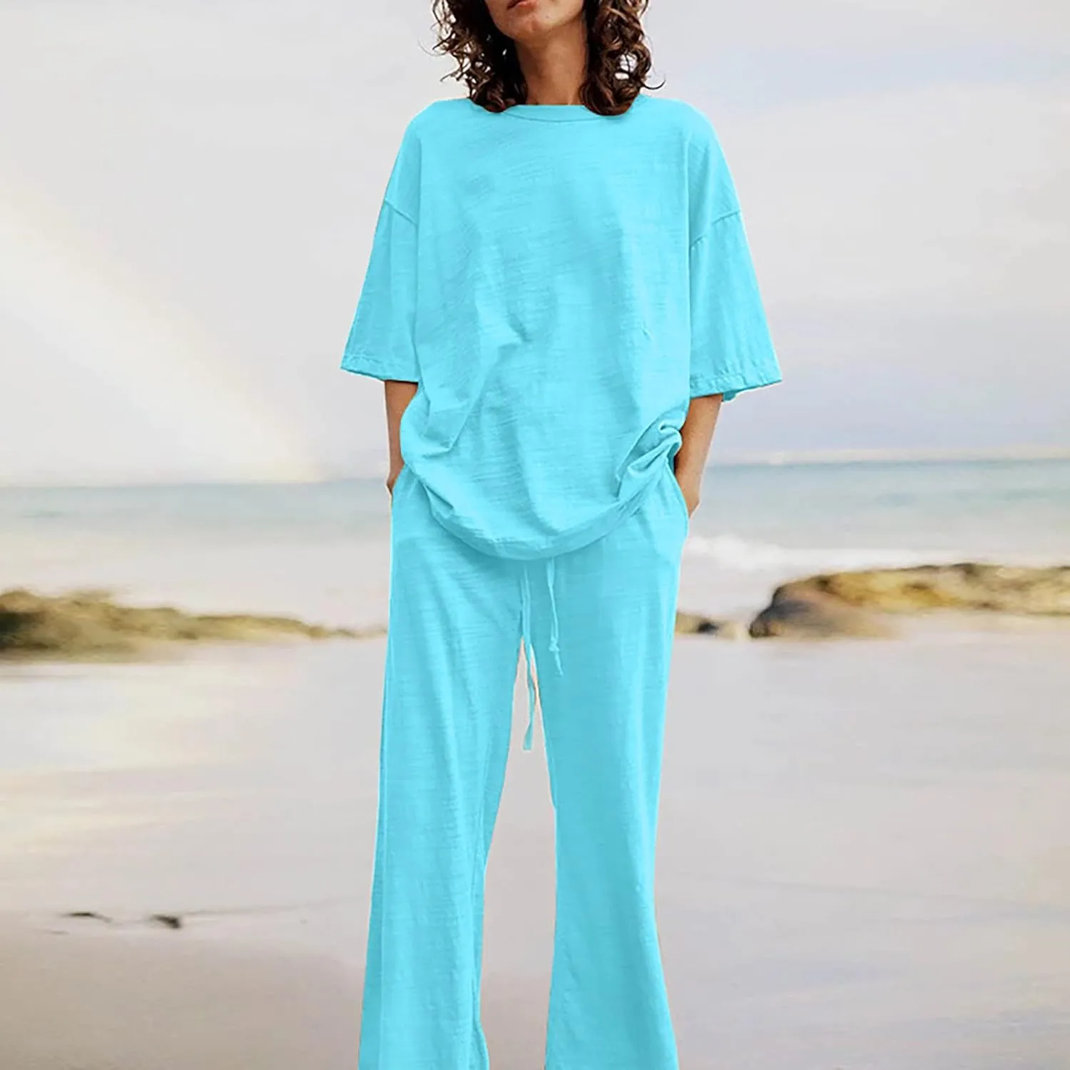Two Piece Sets for Women Summer Linen Casual Outfit Crewneck 3/4 Sleeve Tops High Waist Wide Leg Pants with Pockets