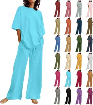 Two Piece Sets for Women Summer Linen Casual Outfit Crewneck 3/4 Sleeve Tops High Waist Wide Leg Pants with Pockets