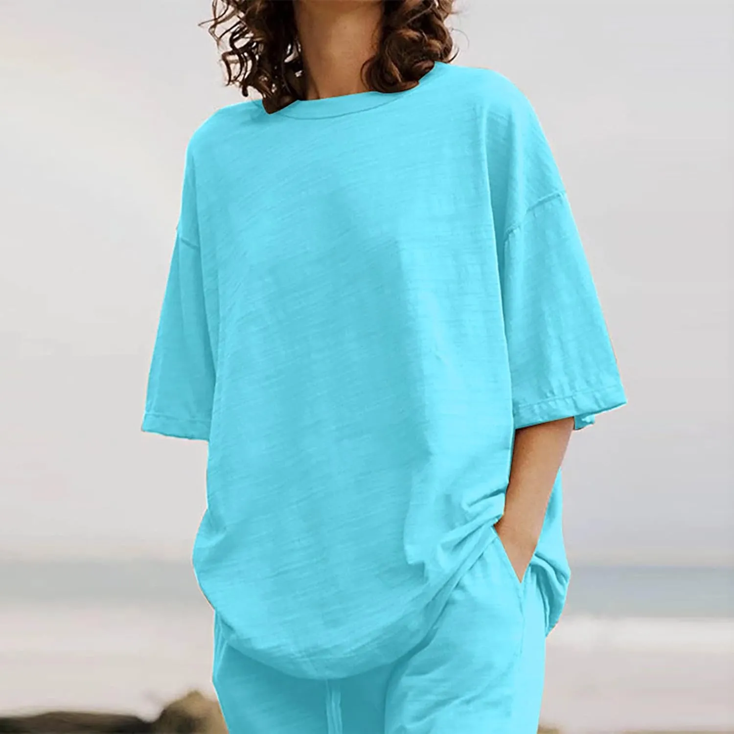 Two Piece Sets for Women Summer Linen Casual Outfit Crewneck 3/4 Sleeve Tops High Waist Wide Leg Pants with Pockets