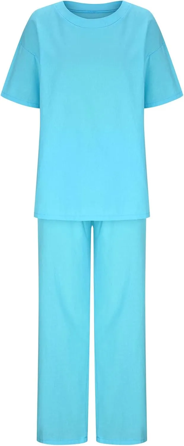 Two Piece Sets for Women Summer Linen Casual Outfit Crewneck 3/4 Sleeve Tops High Waist Wide Leg Pants with Pockets