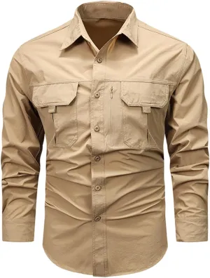 Uillui Men's Ripstop Military Work Fishing Shirts Button Down Long Sleeve Tactical Shirts Breathable Outdoor Hiking T-Shirts