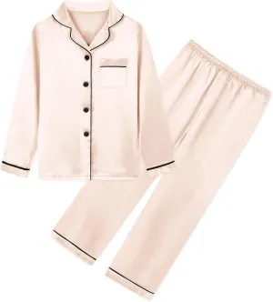Umeyda Girls & Womens Satin Pajamas Set, 2 Pieces Silky Pjs Long Sleeve   Pants Sleepwear for Mom Kids and Boys