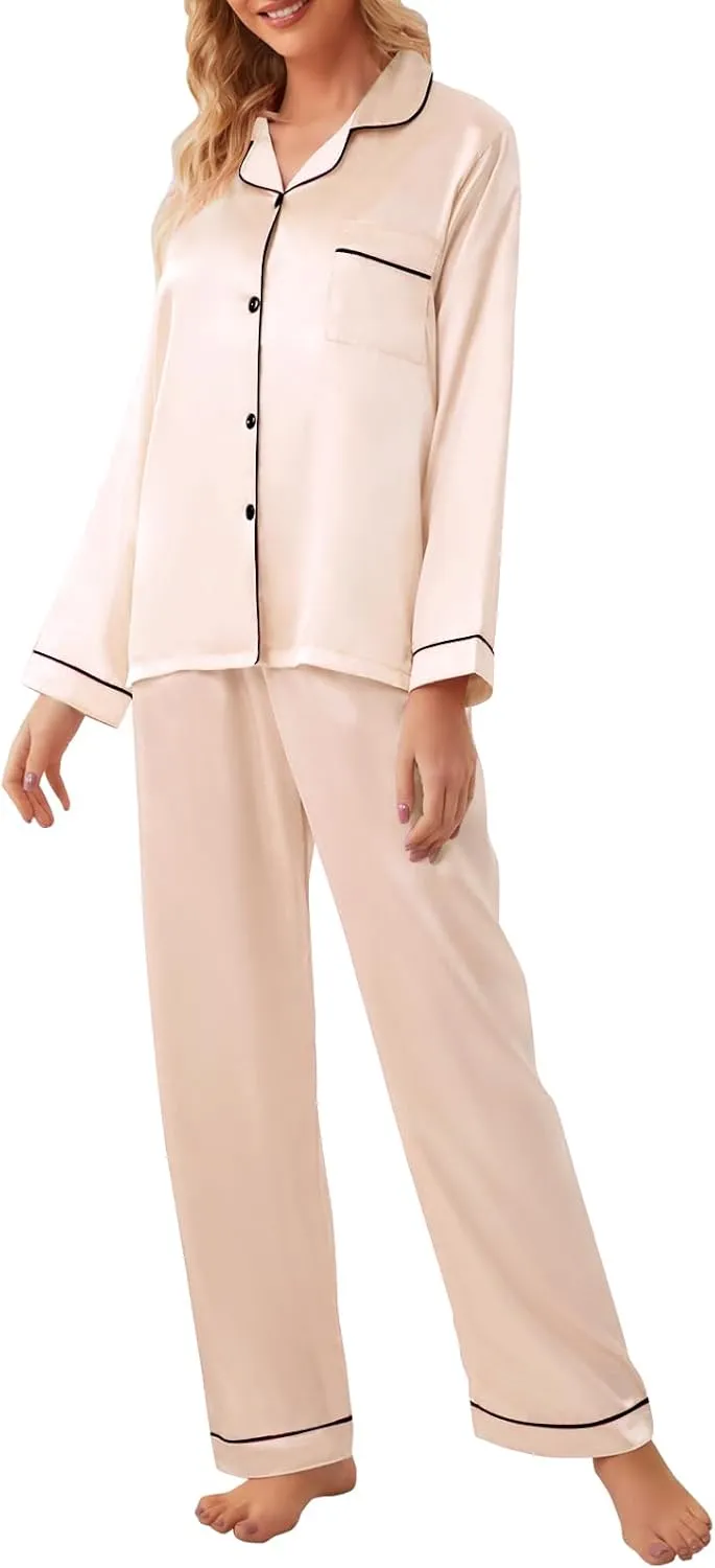 Umeyda Girls & Womens Satin Pajamas Set, 2 Pieces Silky Pjs Long Sleeve   Pants Sleepwear for Mom Kids and Boys