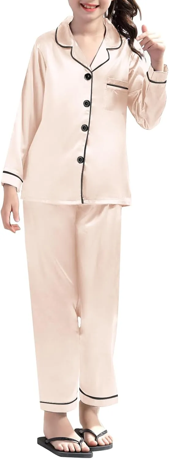 Umeyda Girls & Womens Satin Pajamas Set, 2 Pieces Silky Pjs Long Sleeve   Pants Sleepwear for Mom Kids and Boys