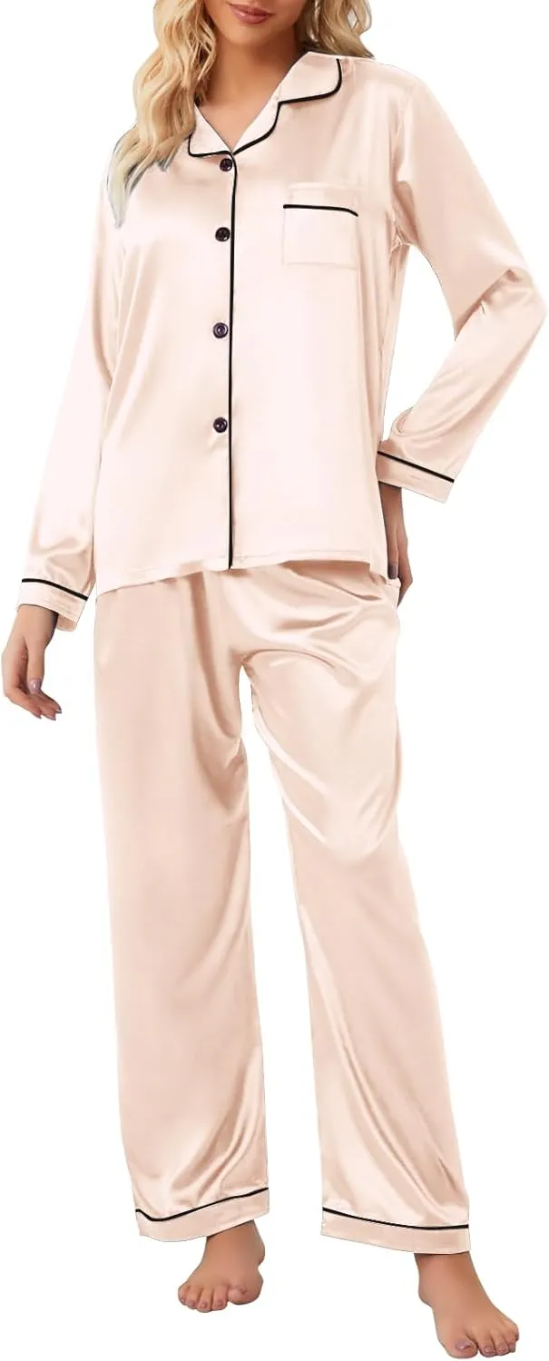 Umeyda Girls & Womens Satin Pajamas Set, 2 Pieces Silky Pjs Long Sleeve   Pants Sleepwear for Mom Kids and Boys
