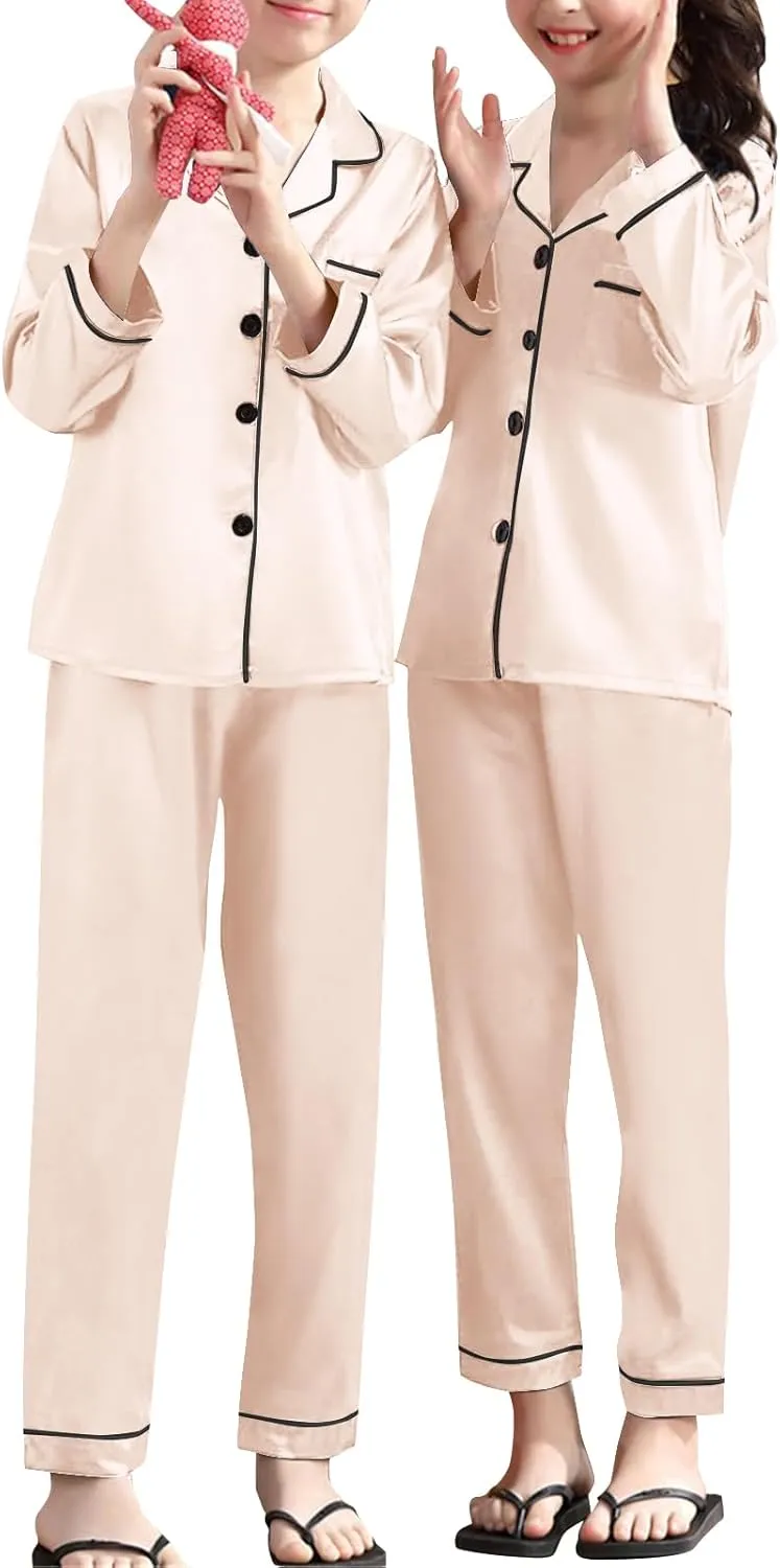 Umeyda Girls & Womens Satin Pajamas Set, 2 Pieces Silky Pjs Long Sleeve   Pants Sleepwear for Mom Kids and Boys