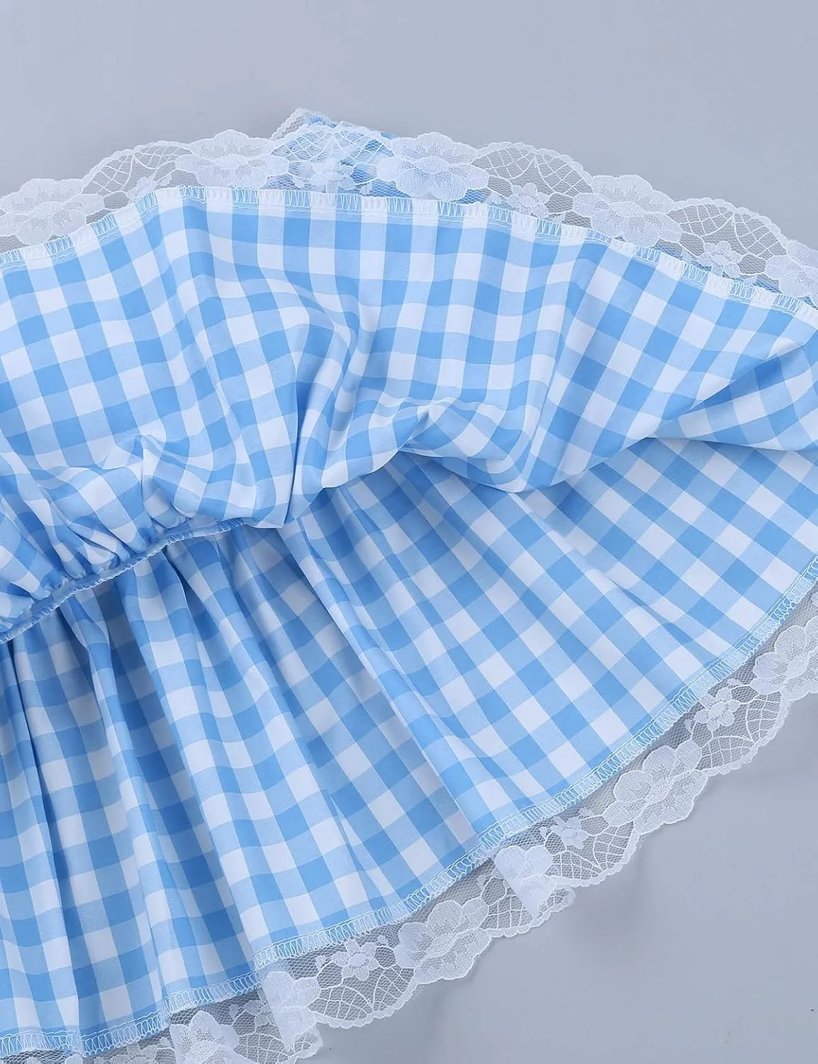 Unisex Men Women Lace Trim Pleated A-line Skirts Sissy Frilly Gingham Mini Skirts Nightwear