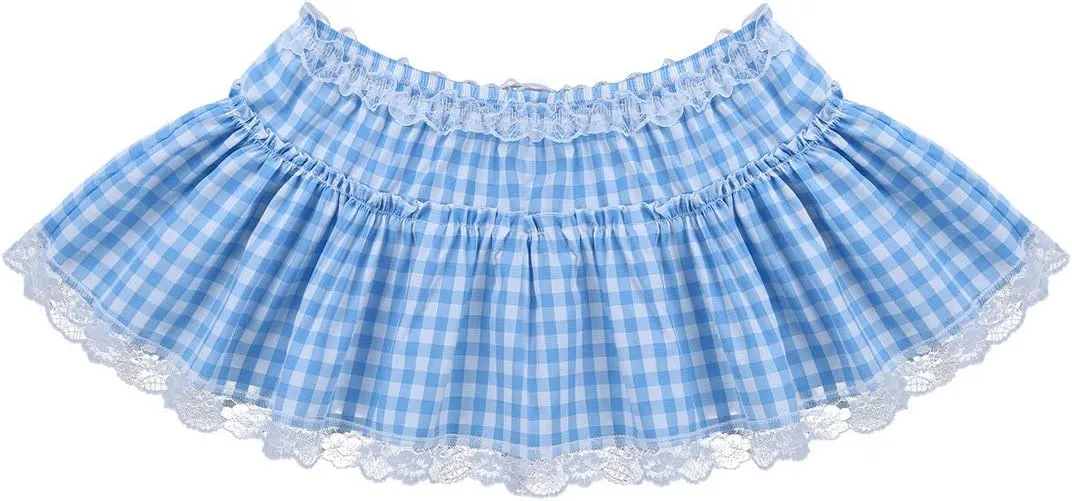 Unisex Men Women Lace Trim Pleated A-line Skirts Sissy Frilly Gingham Mini Skirts Nightwear