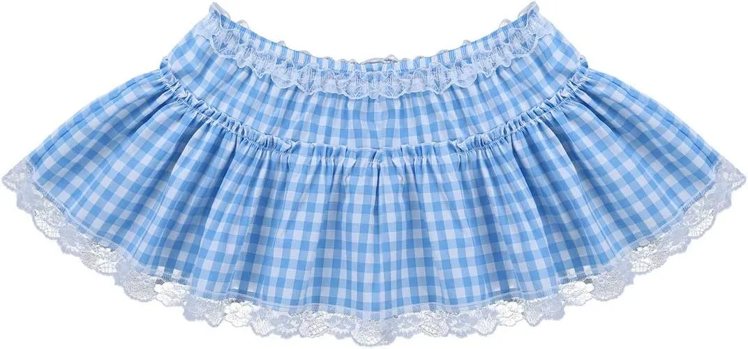 Unisex Men Women Lace Trim Pleated A-line Skirts Sissy Frilly Gingham Mini Skirts Nightwear