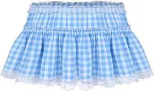 Unisex Men Women Lace Trim Pleated A-line Skirts Sissy Frilly Gingham Mini Skirts Nightwear