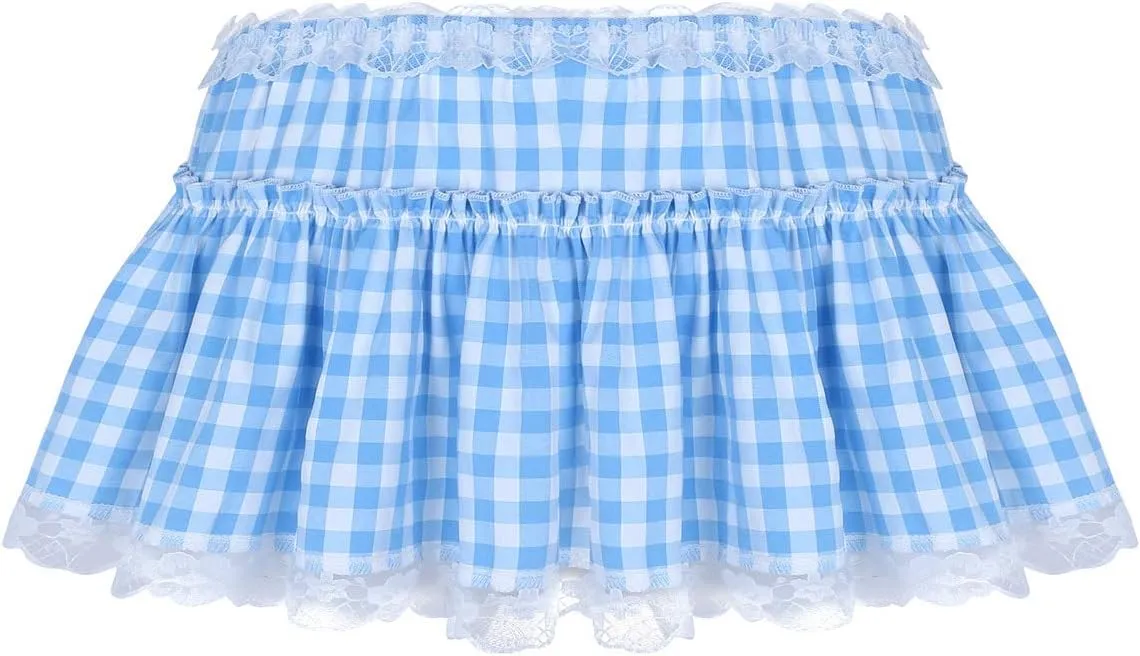 Unisex Men Women Lace Trim Pleated A-line Skirts Sissy Frilly Gingham Mini Skirts Nightwear