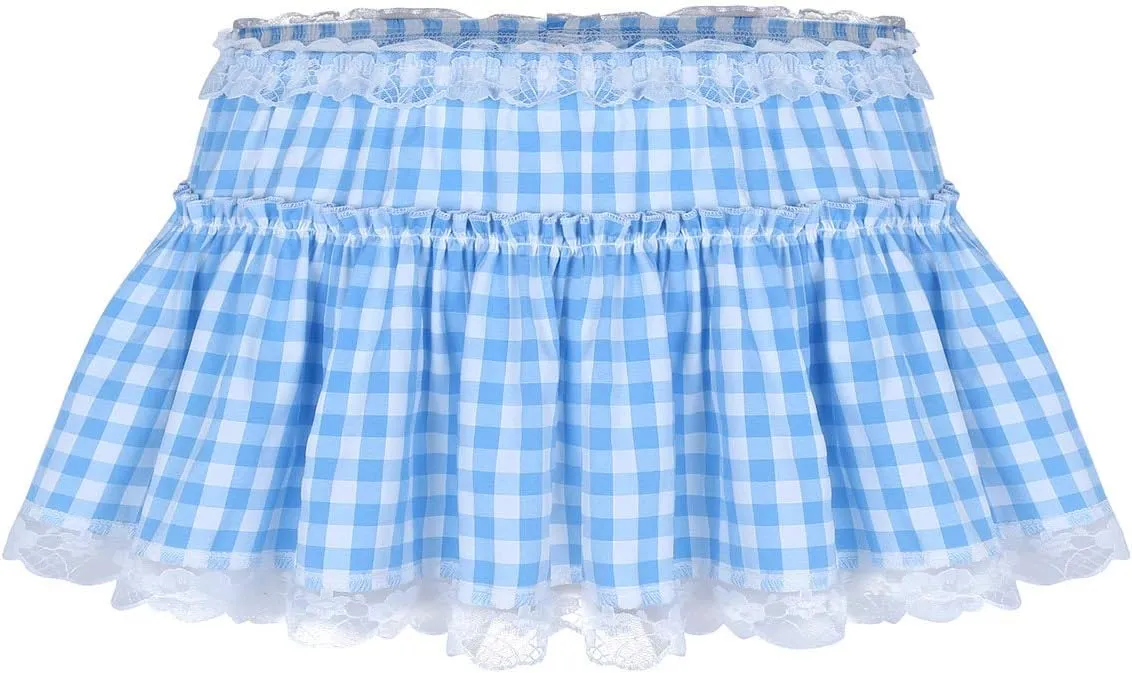 Unisex Men Women Lace Trim Pleated A-line Skirts Sissy Frilly Gingham Mini Skirts Nightwear