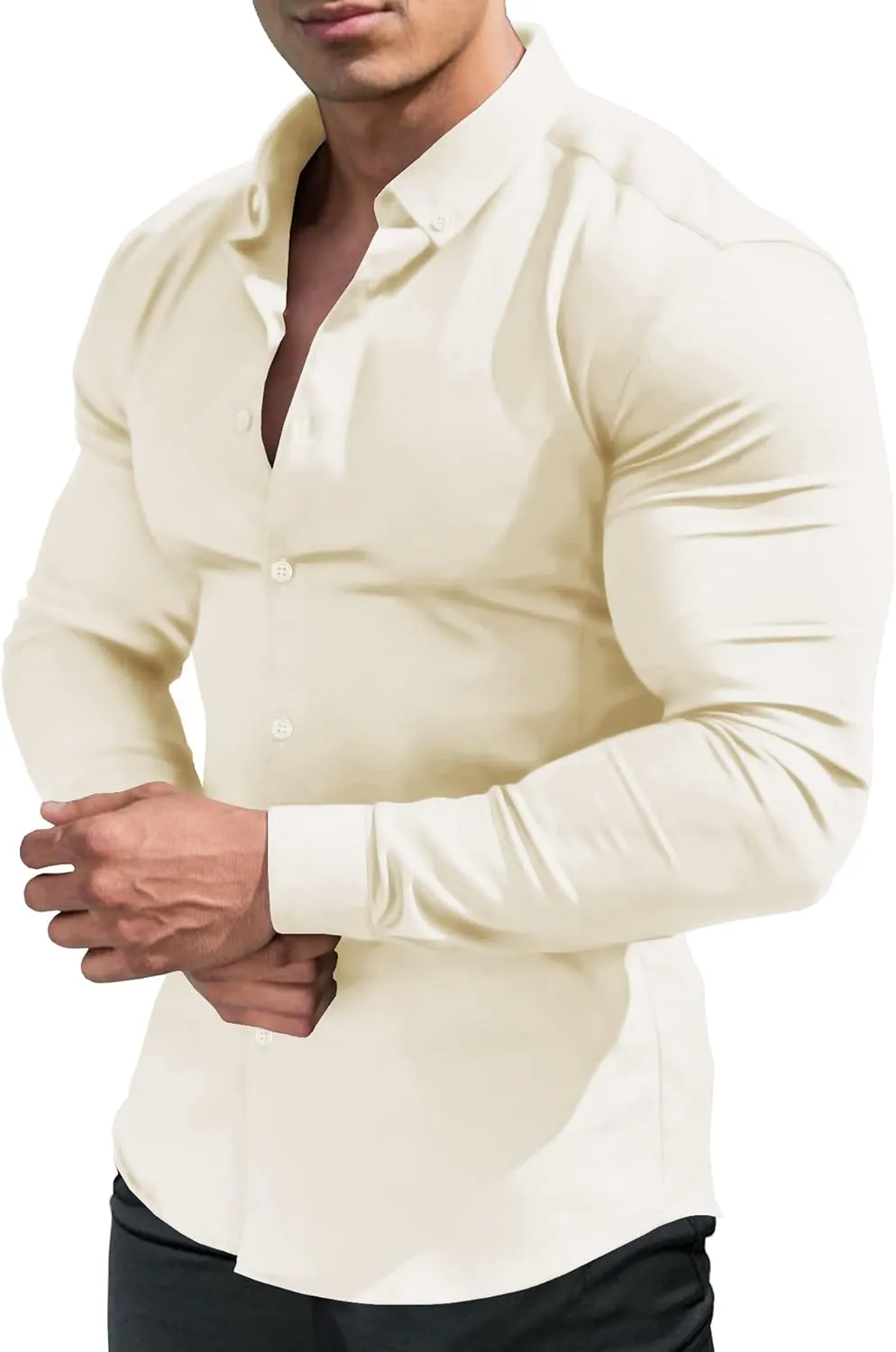 URRU Men's Muscle Dress Shirts Slim Fit Stretch Long&Short Sleeve Casual Button Down Shirt