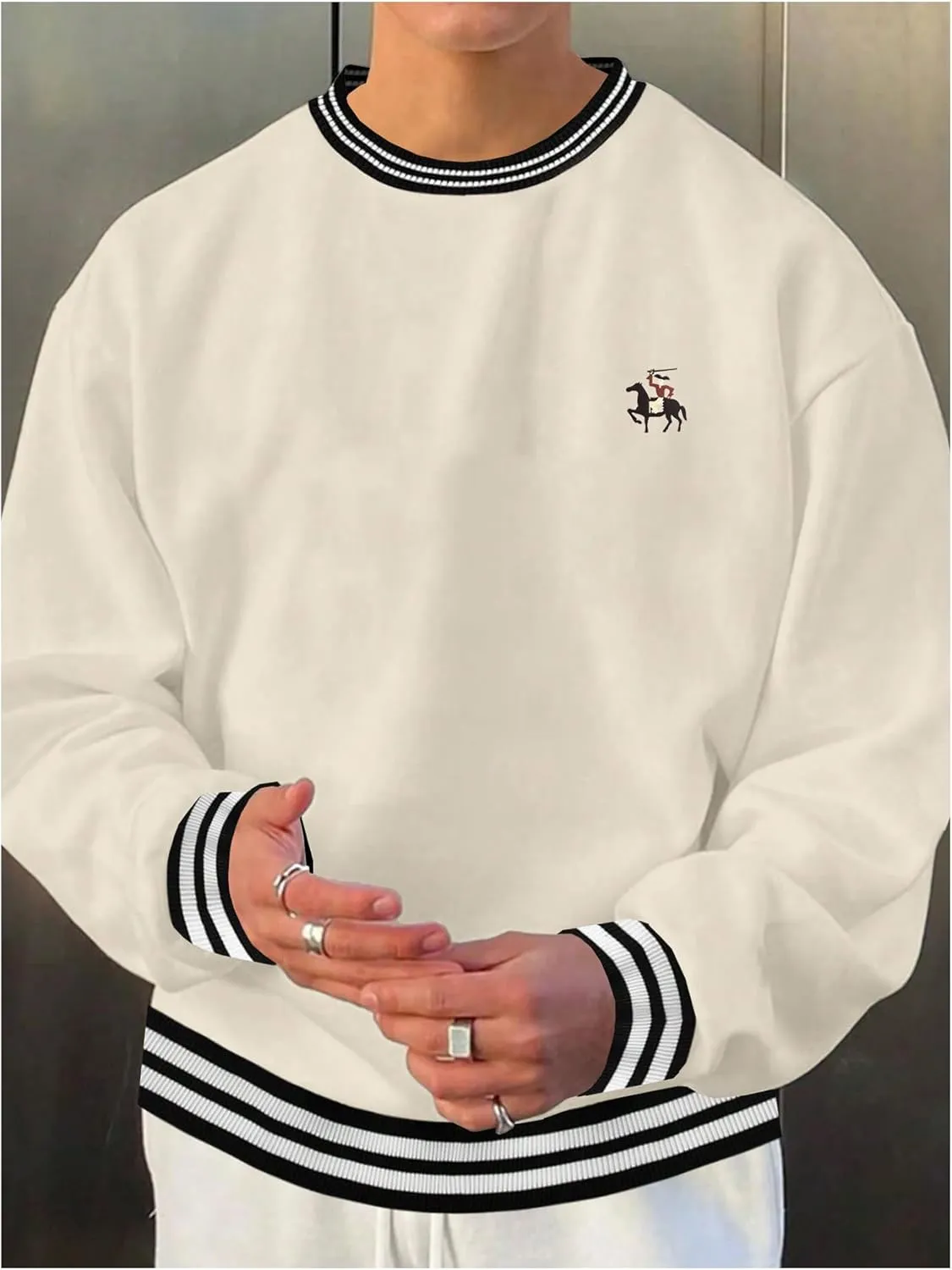 Verdusa Men's Striped Contrast Binding Crew Neck Long Sleeve Sweatshirt Pullovers