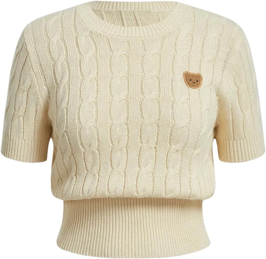 Verdusa Women's Cable Knit Pullovers Round Neck Short Sleeve Sweater Top