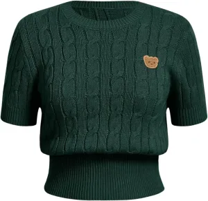 Verdusa Women's Cable Knit Pullovers Round Neck Short Sleeve Sweater Top