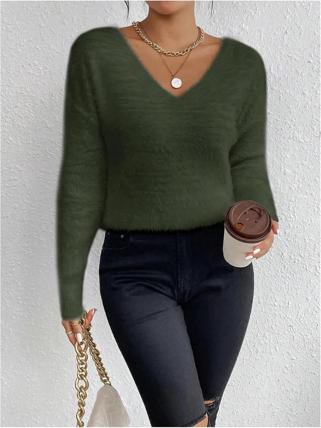 Verdusa Women's Fuzzy Sweater V Neck Drop Shoulder Long Sleeve Pullover Sweaters