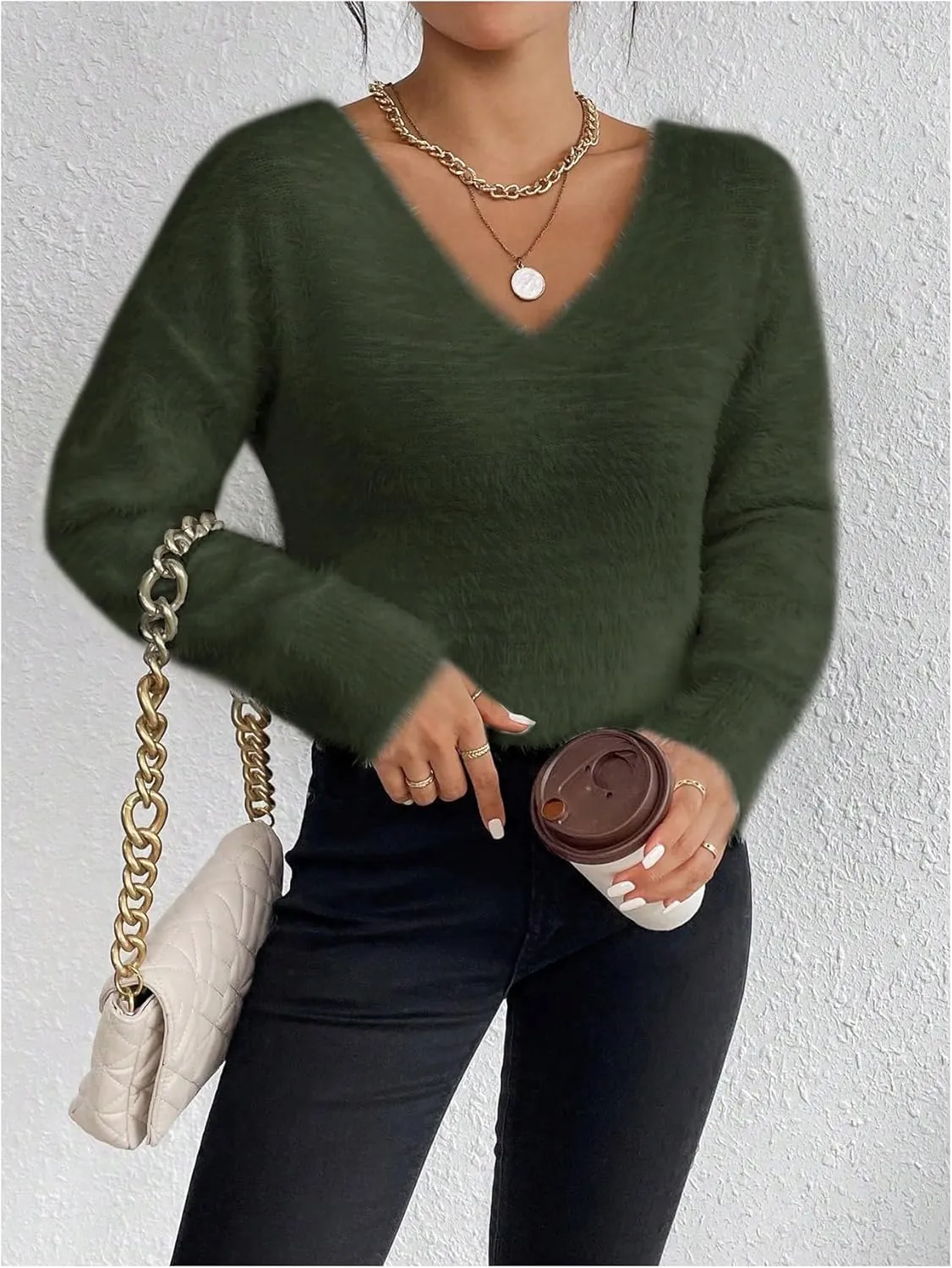 Verdusa Women's Fuzzy Sweater V Neck Drop Shoulder Long Sleeve Pullover Sweaters