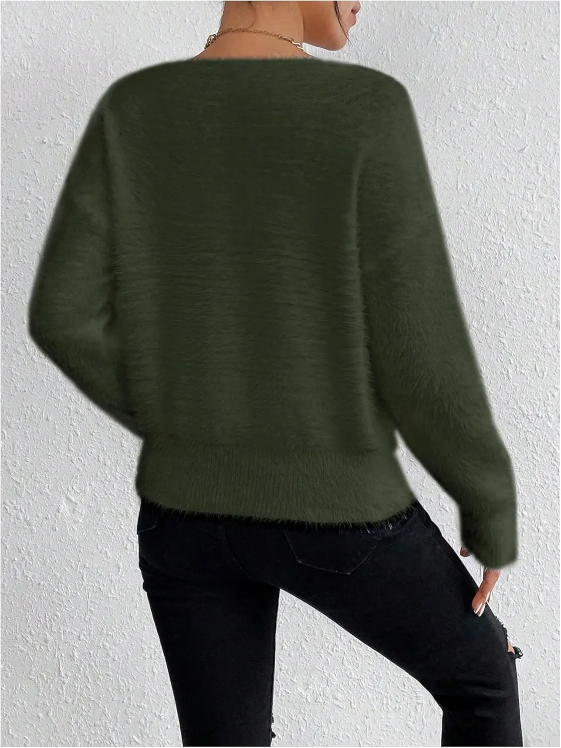 Verdusa Women's Fuzzy Sweater V Neck Drop Shoulder Long Sleeve Pullover Sweaters