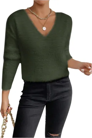 Verdusa Women's Fuzzy Sweater V Neck Drop Shoulder Long Sleeve Pullover Sweaters