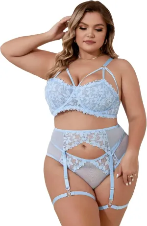 Verdusa Women's Plus Size 5 Piece Mesh Sheer Floral Lace Underwire Garter Lingerie Set