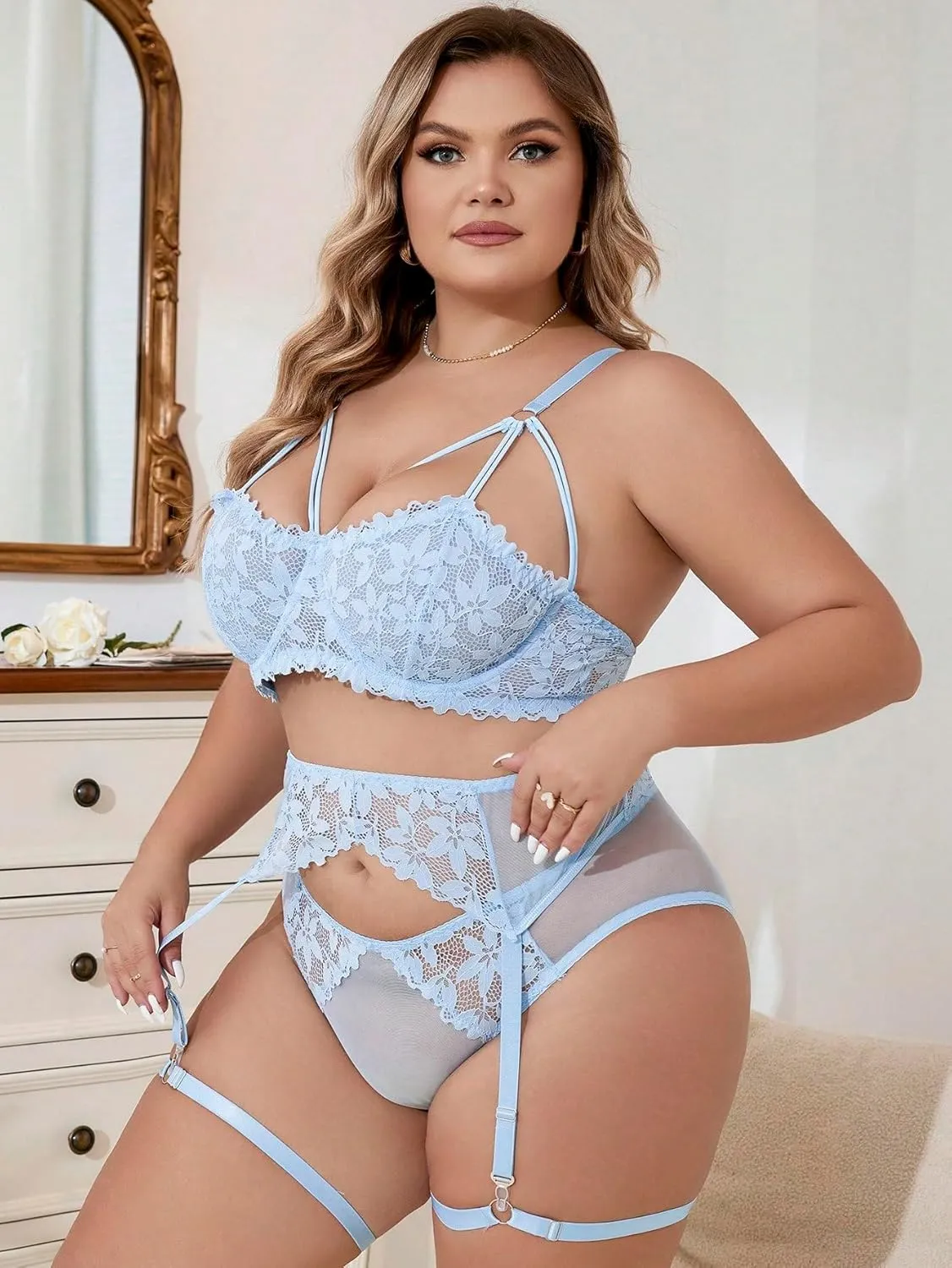 Verdusa Women's Plus Size 5 Piece Mesh Sheer Floral Lace Underwire Garter Lingerie Set