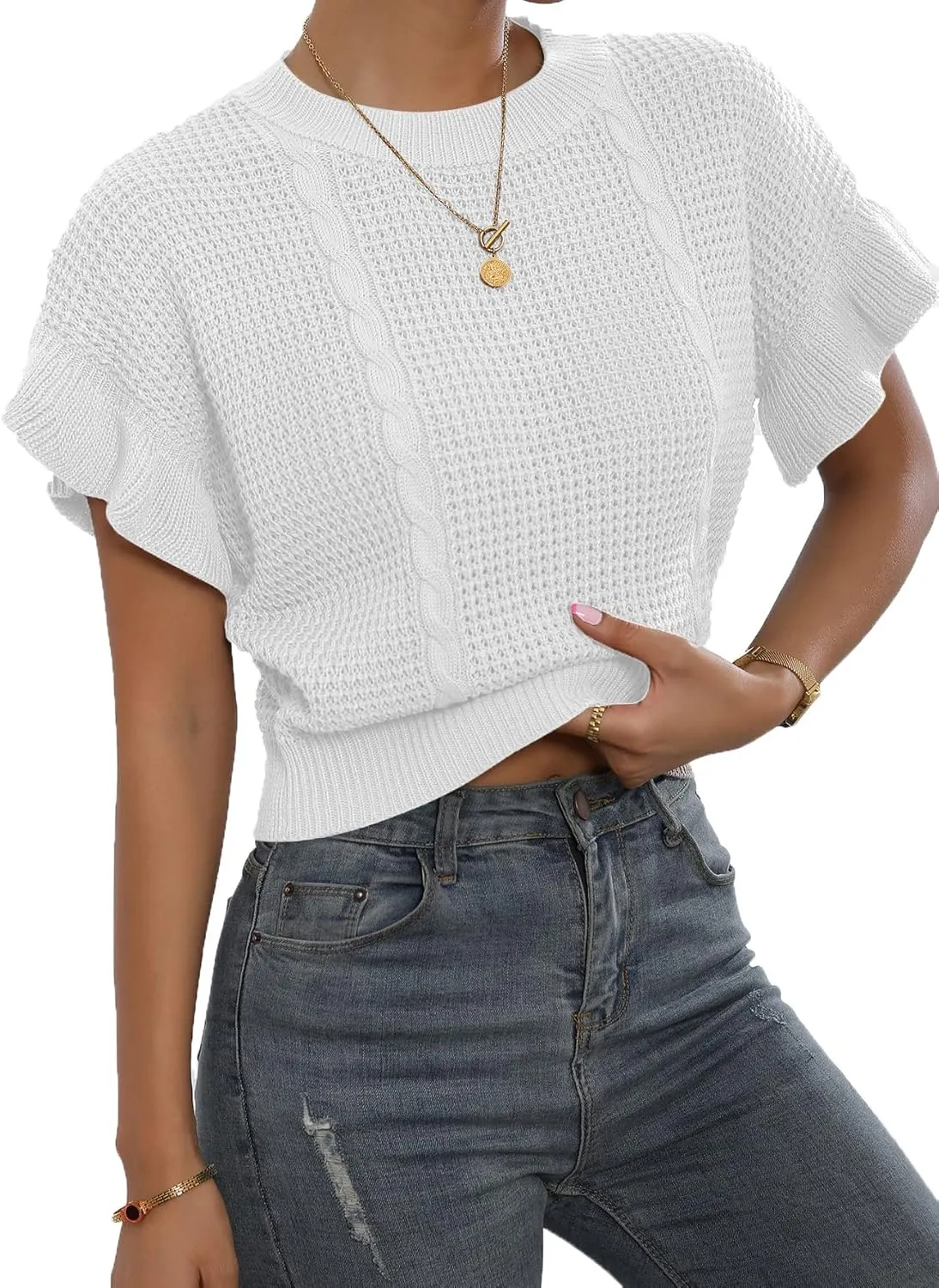 Verdusa Women's Ruffled Short Sleeve Round Neck Knitted Top Pullovers Sweater