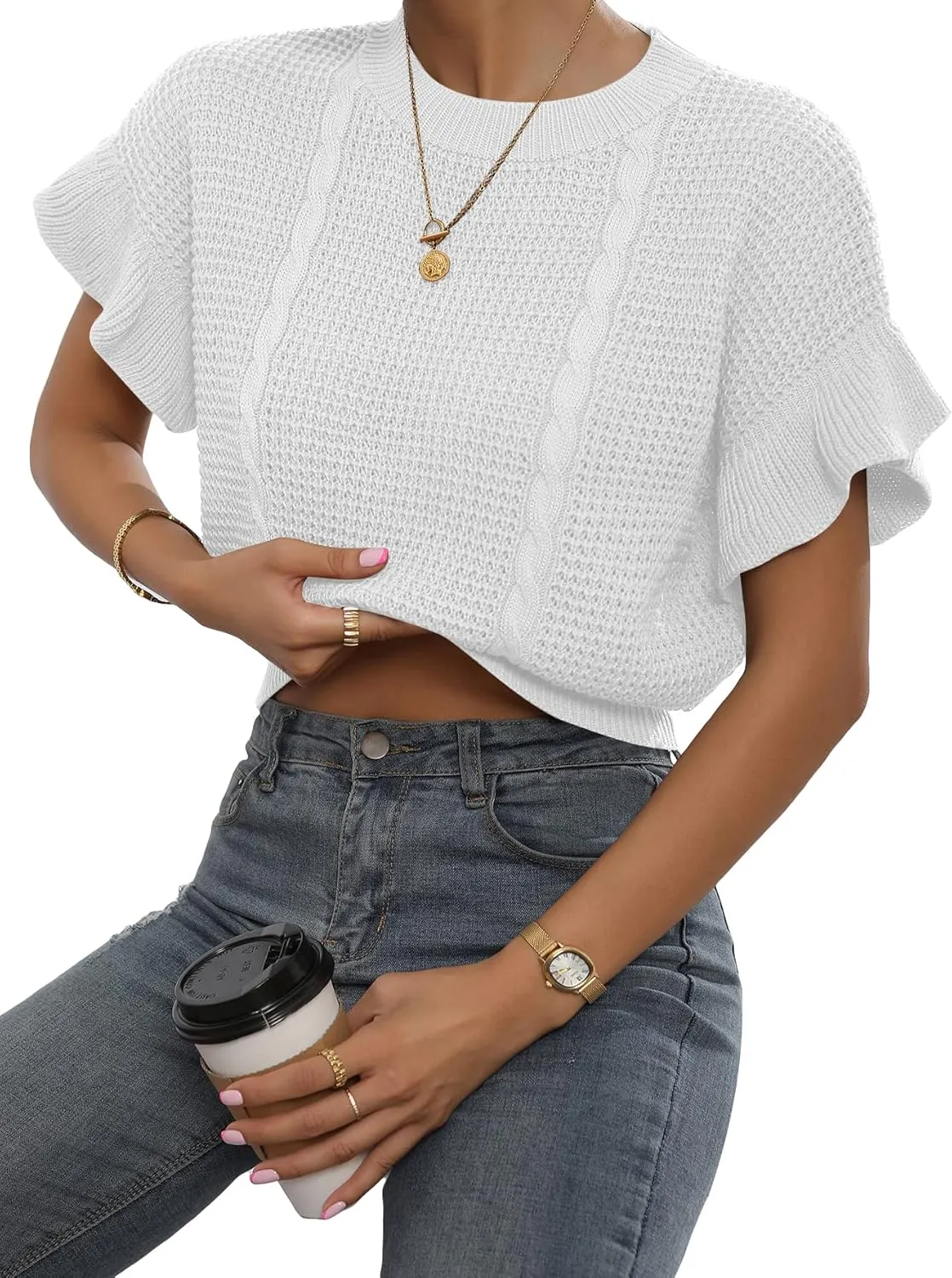 Verdusa Women's Ruffled Short Sleeve Round Neck Knitted Top Pullovers Sweater