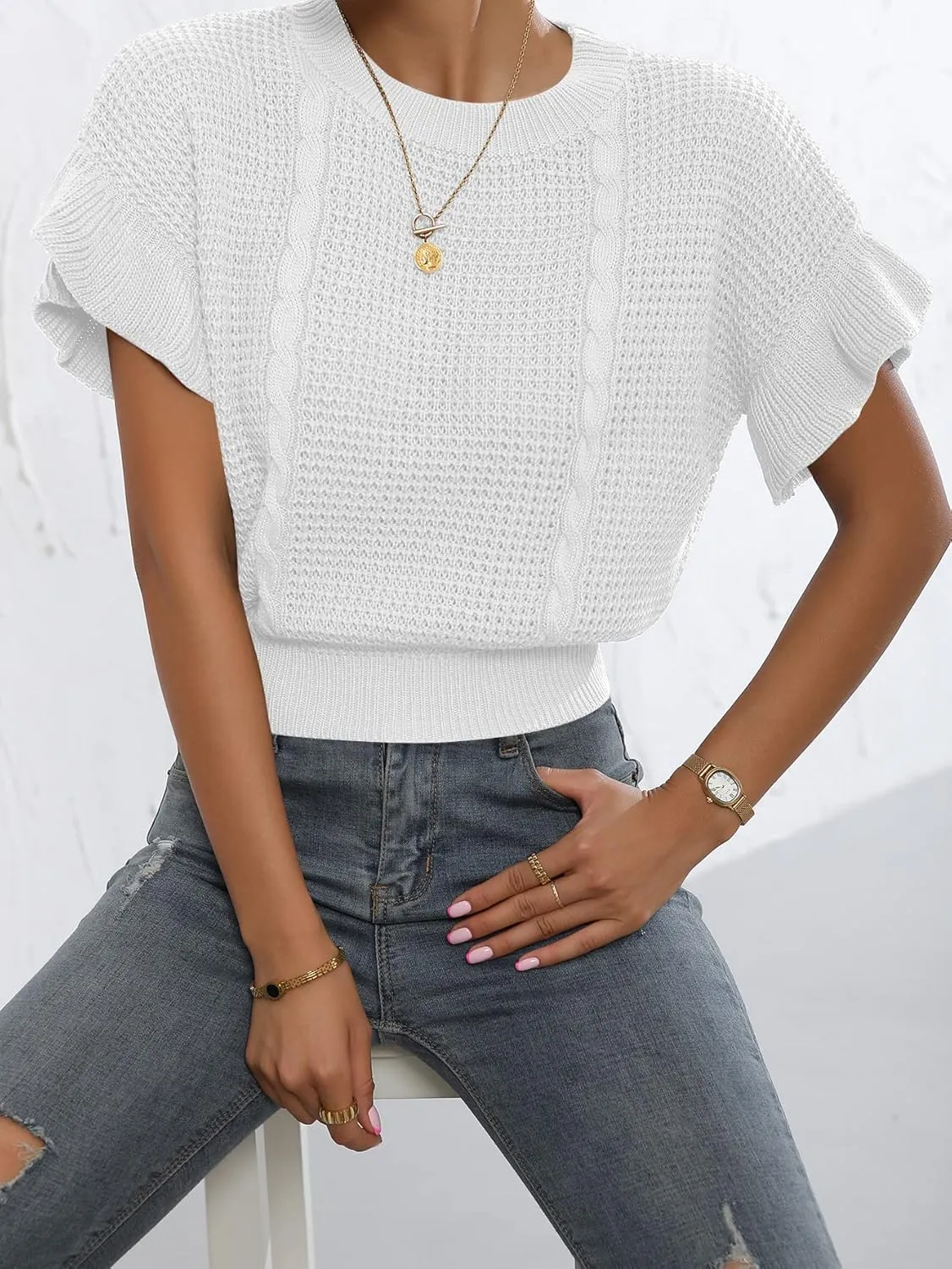 Verdusa Women's Ruffled Short Sleeve Round Neck Knitted Top Pullovers Sweater
