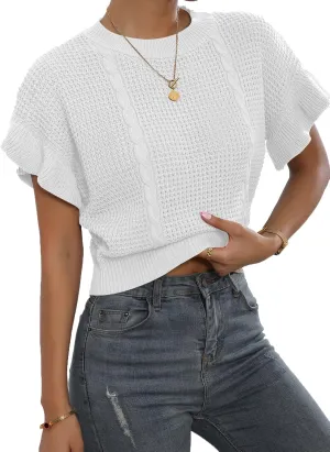 Verdusa Women's Ruffled Short Sleeve Round Neck Knitted Top Pullovers Sweater