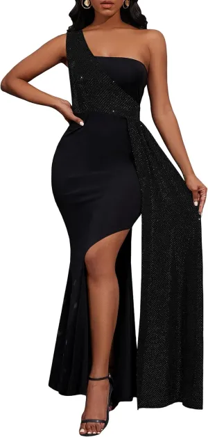 VERWIN Patchwork Sequins Bodycon Dress One Shoulder Sleeveless Dress Split Evening Glitter Cocktail Maxi Dress