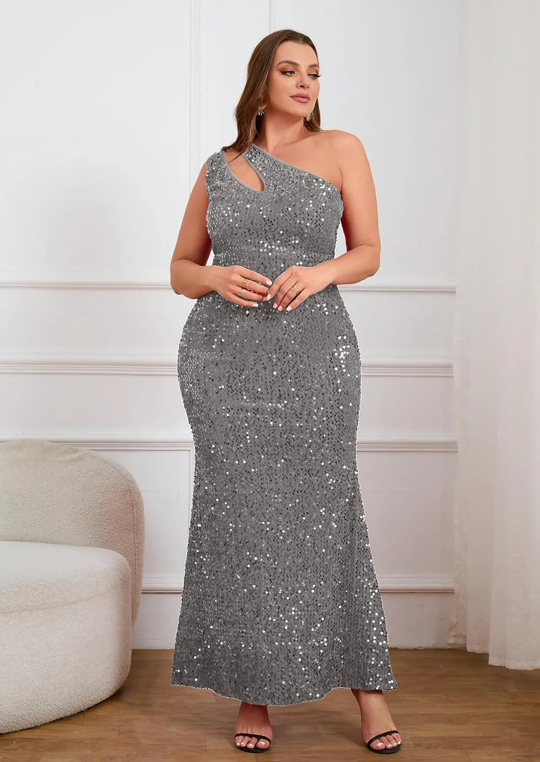 VERWIN Plus Size Sequins Fashion Sleeveless Oblique Collar Mermaid Women's Maxi Dress Evening Dress Party Dress Bodycon Dress
