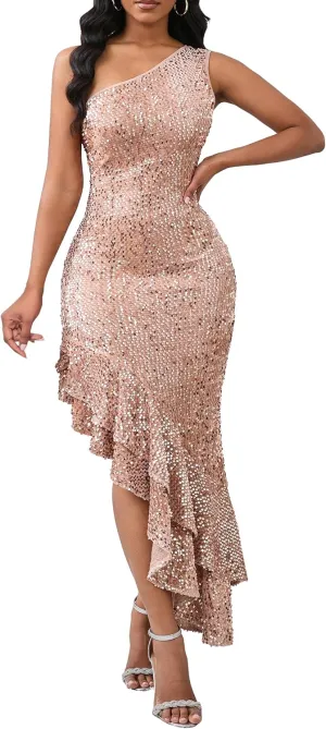 VERWIN Sleeveless Sequins Dress Bodycon Dress Ruffle Hem Sparkly Maxi Dress Casual Party Cocktail Evening Dress