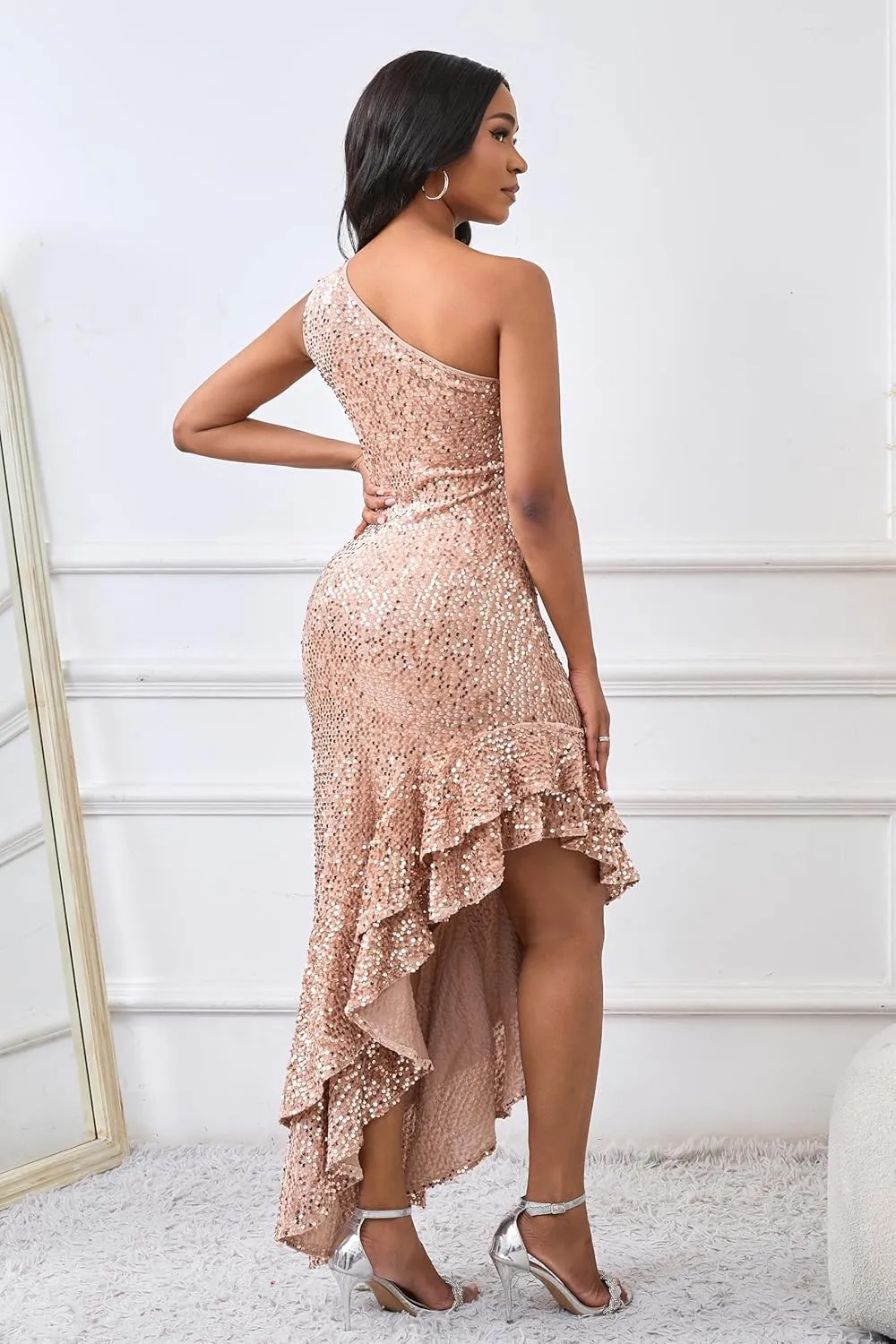 VERWIN Sleeveless Sequins Dress Bodycon Dress Ruffle Hem Sparkly Maxi Dress Casual Party Cocktail Evening Dress
