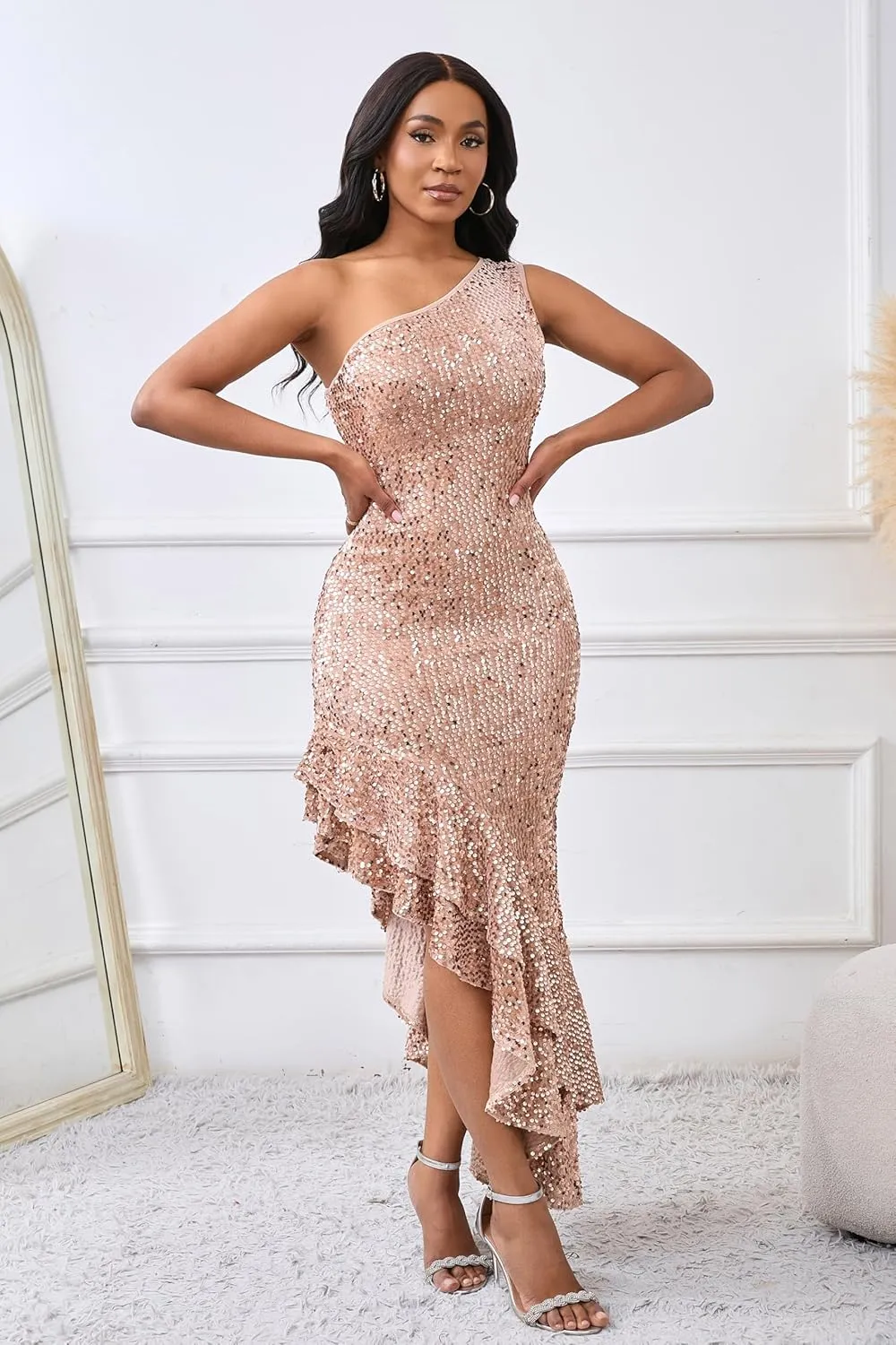 VERWIN Sleeveless Sequins Dress Bodycon Dress Ruffle Hem Sparkly Maxi Dress Casual Party Cocktail Evening Dress