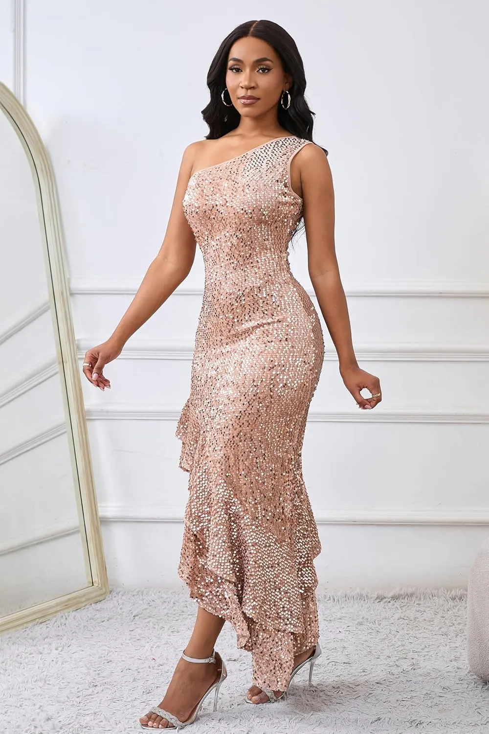 VERWIN Sleeveless Sequins Dress Bodycon Dress Ruffle Hem Sparkly Maxi Dress Casual Party Cocktail Evening Dress