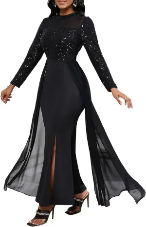 VERWIN Women's Bodycon Sequins Dress Mesh Chiffon Shoulder Maxi Dress Side Slit Patchwork Overlay Dress